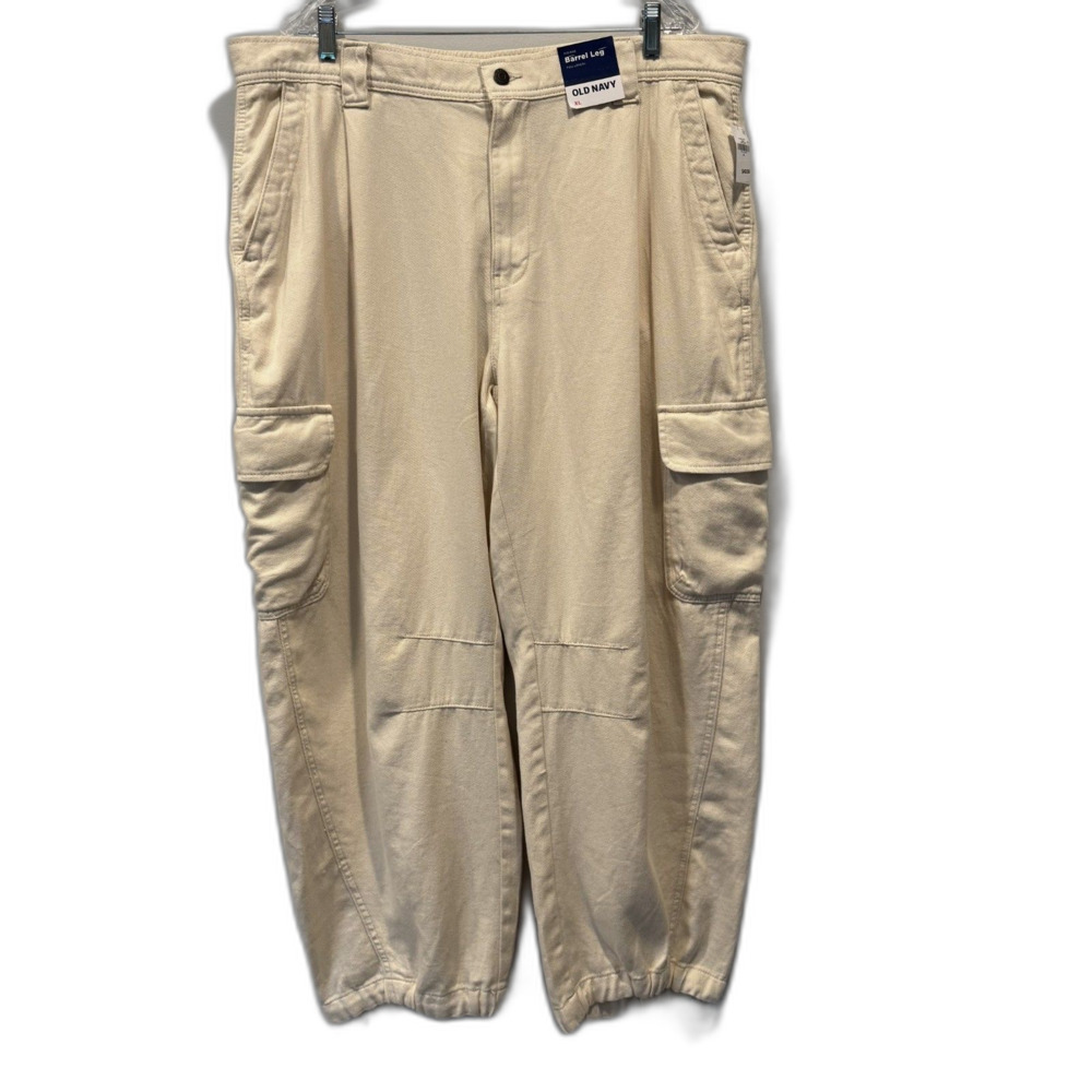 NWT Old Navy Barrel Leg Pants Cargo Mid Rise Ecru Cotton Baggy Utility Women XL